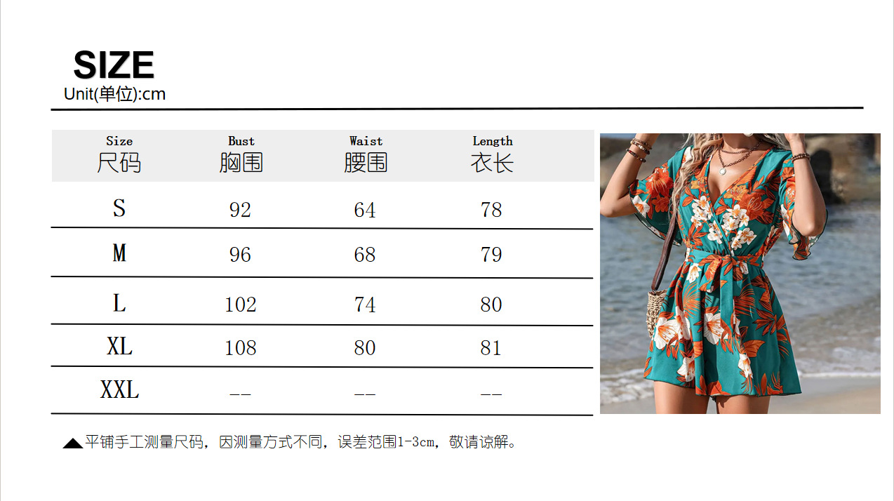 Cross-border foreign trade beach vacation style, lotus leaf sleeve, cross-neck belt, short skirt pants for women, loose printed one-piece pants for women pic 14