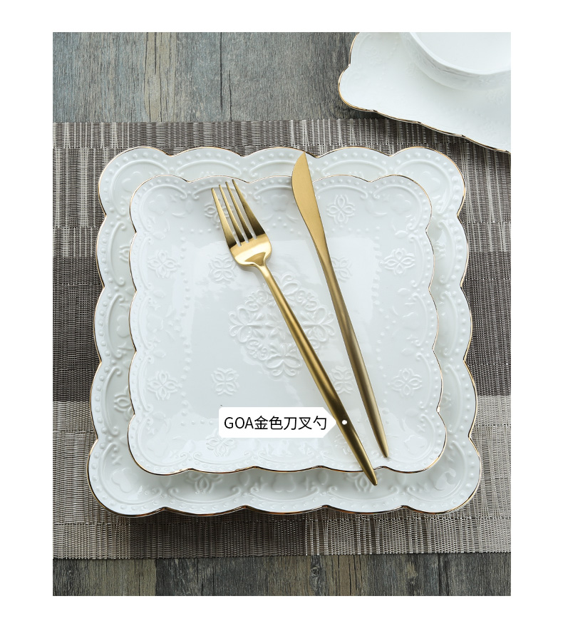 欧式浮雕蝴蝶宫廷手绘描金边陶瓷骨瓷圆盘子正方蛋糕碟西餐牛排盘详情12