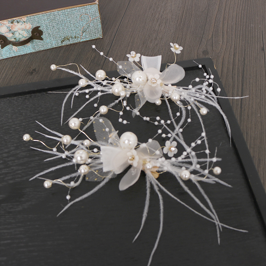 New hair clip headwear, feather super fairy pair clip, handcrafted high-gloss pearl hair accessory, European and American fashion trend hair accessory pic 6