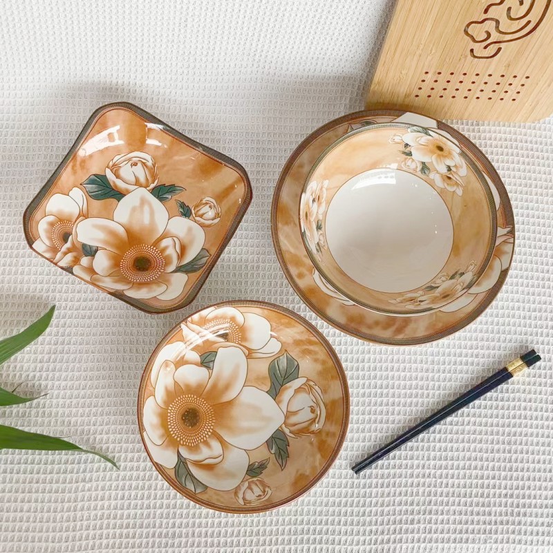 Japanese camellia ceramic bowls, plates and tableware, household rice bowls, large soup bowls, vegetable plates, popular retro bowls and plates, can be microwaved pic 2