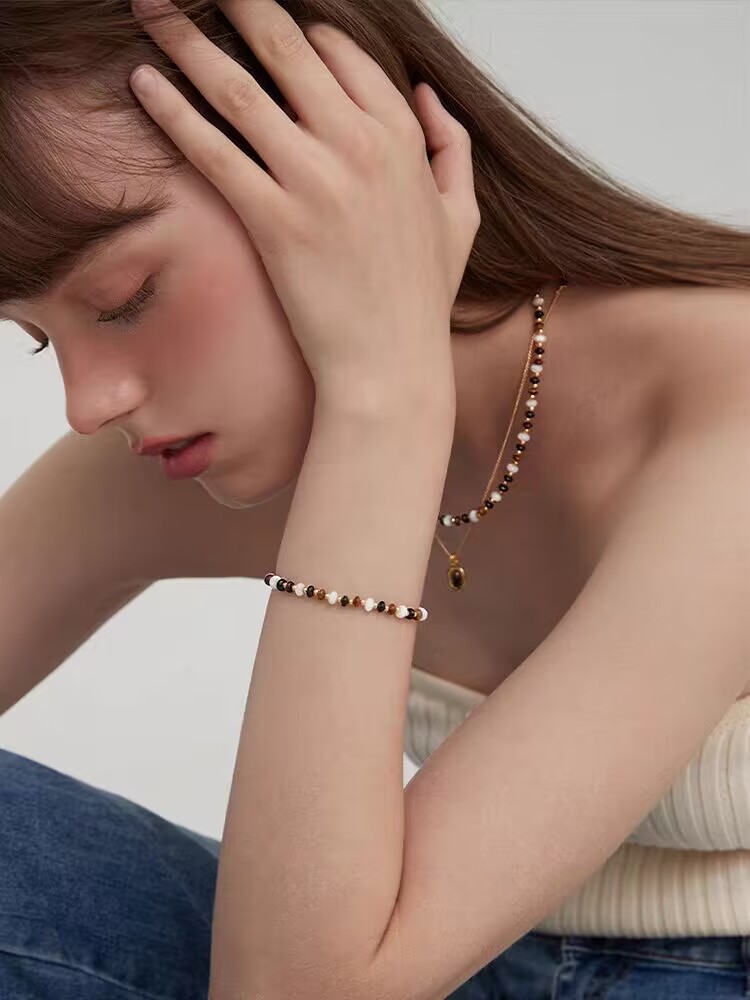 WYK虎眼石黑玛瑙母贝吊坠项链女彩色串珠毛衣链叠戴美拉德锁骨链详情3