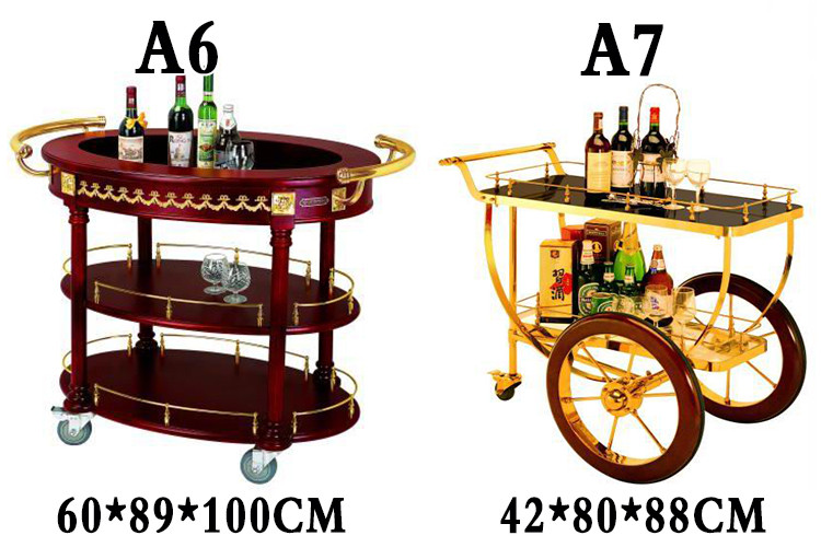 The new titanium gold wooden service dining cart is an oval-shaped beverage cart on the third floor of the hotel, a hand-pushed cleaning cart for the restaurant and guest rooms pic 7
