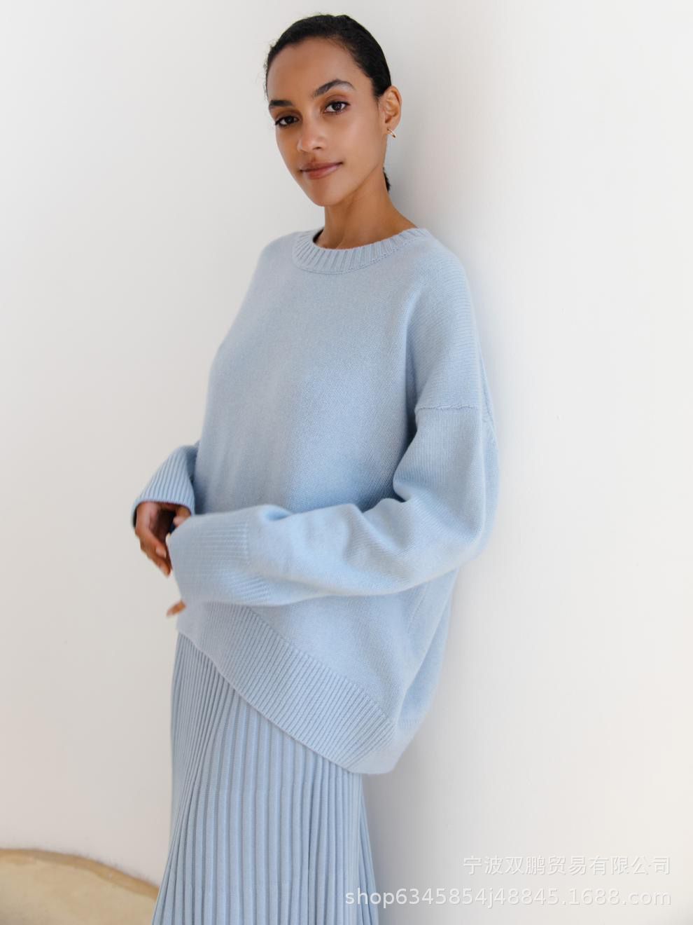 秋冬跨境俄罗斯爆款女装针织衫圆领纯色宽松毛衣欧美详情14