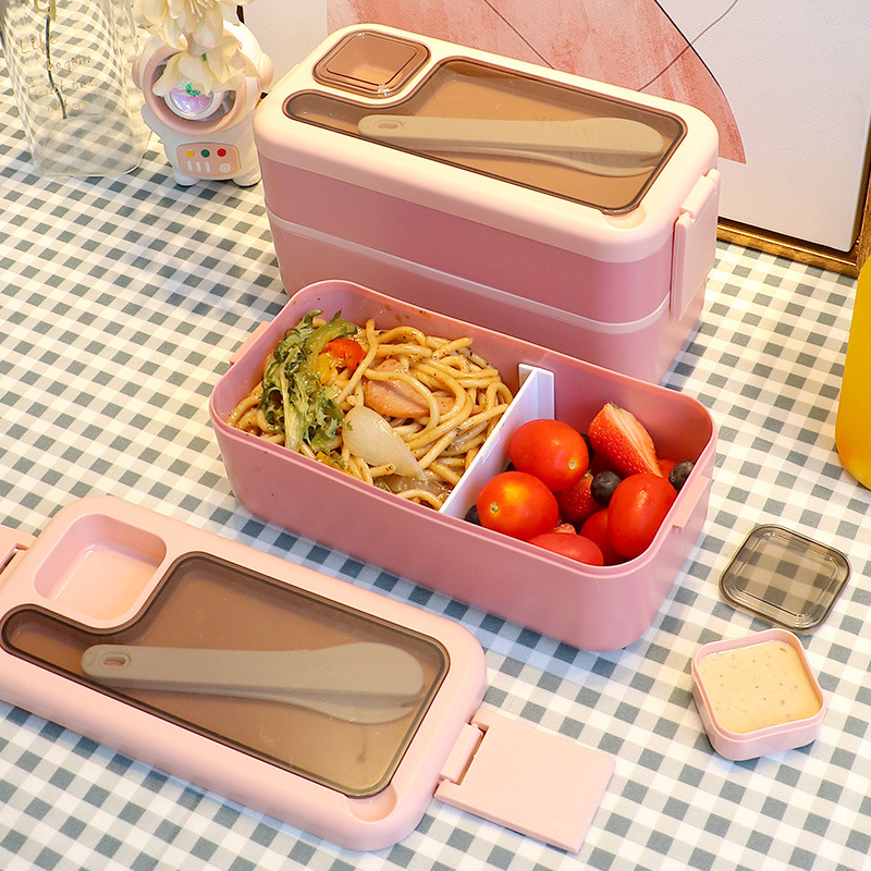 轻食沙拉餐盒跨境饭盒密封创意时尚便当盒带酱料盒配餐具双层分格详情14