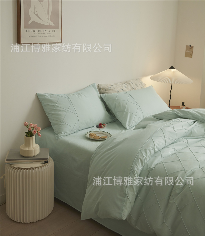 Wholesale of high-quality three or four-piece sets of washed cotton 40-count hand-knitted rhombus-shaped checkered plain pure cotton bedding pic 51