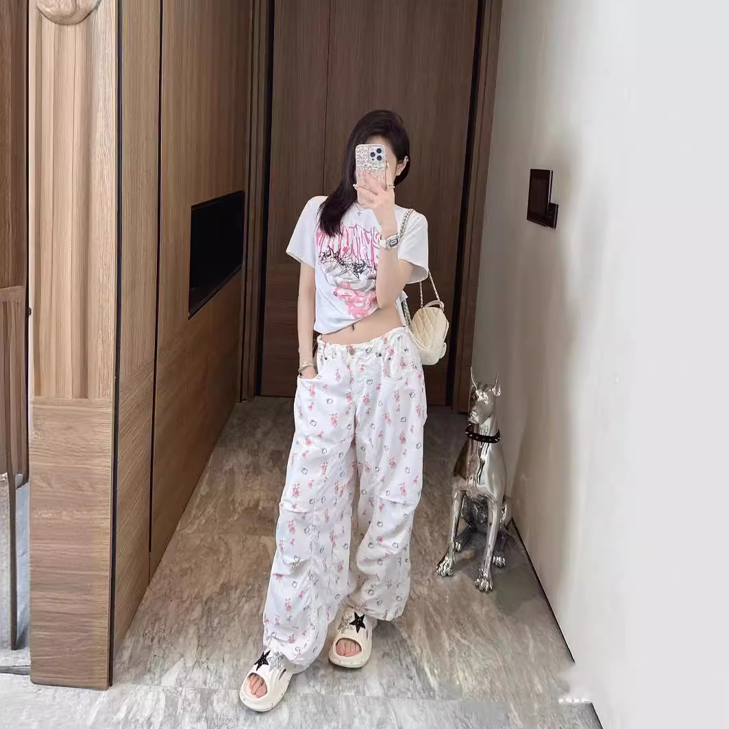 2024夏季新款小众设计卡通可爱KT猫咪印花宽松阔腿伞裤休闲直筒裤详情3