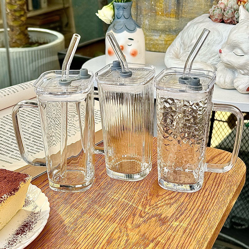 透明带把手玻璃水杯 高颜值夏季果汁杯条纹带盖吸管杯子方玻璃杯详情2
