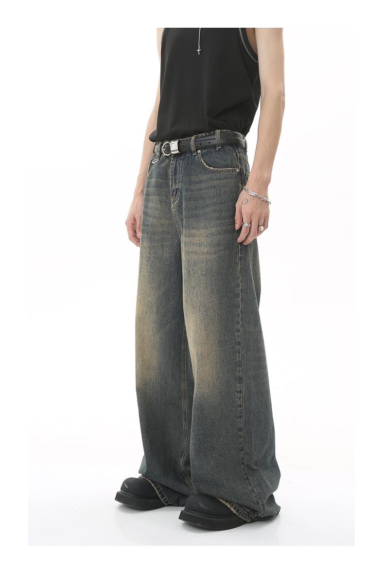 MTLCLOTHES男装|2023四季款新品复古港风做旧宽松阔腿拖地牛仔裤详情9