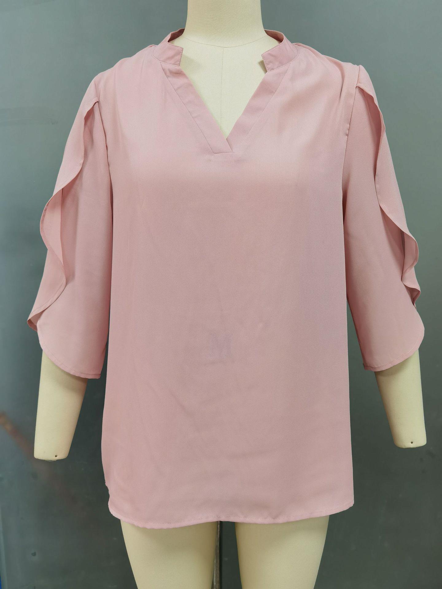 2023跨境亚马逊temu夏季新款欧美女式七分袖女装宽松V领雪纺衬衫详情2