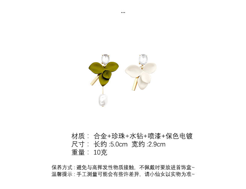 不对称绿色花瓣耳环高级感百搭复古珍珠耳坠女925银针耳饰品批发详情13