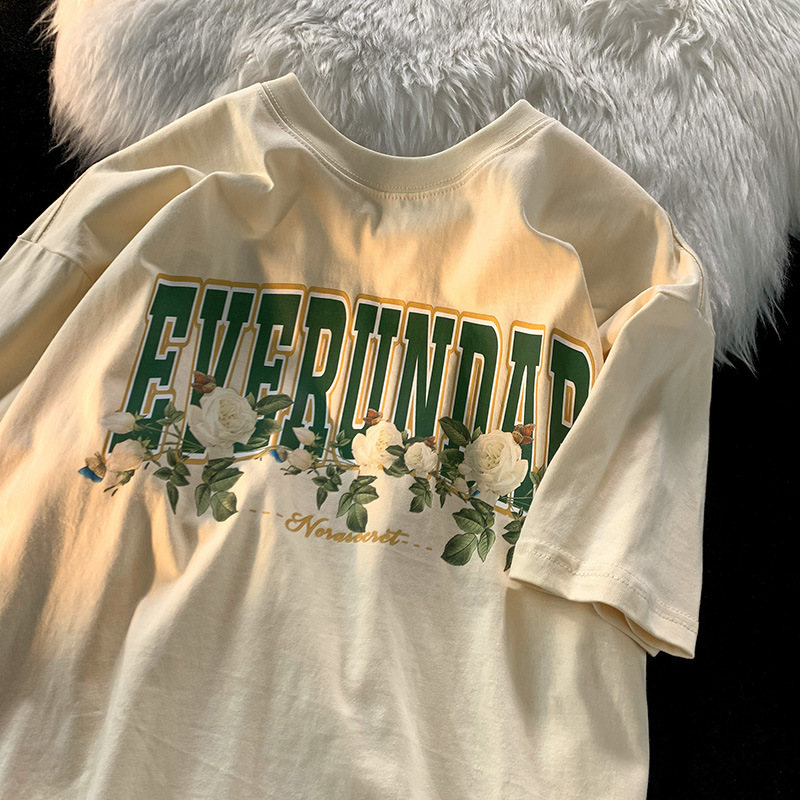 商品详情图_实价 国潮牌美式复古玫瑰印花短袖T恤女overs