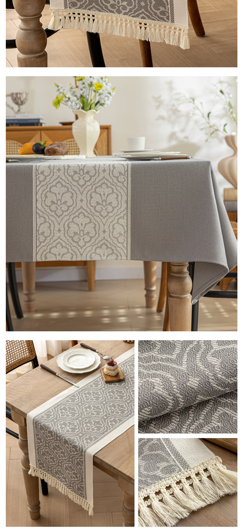 酷幸 跨境热销棉麻提花防水桌旗加厚家用北欧现代简约大方复古高级感长条布流苏茶桌旗批发代发详情12