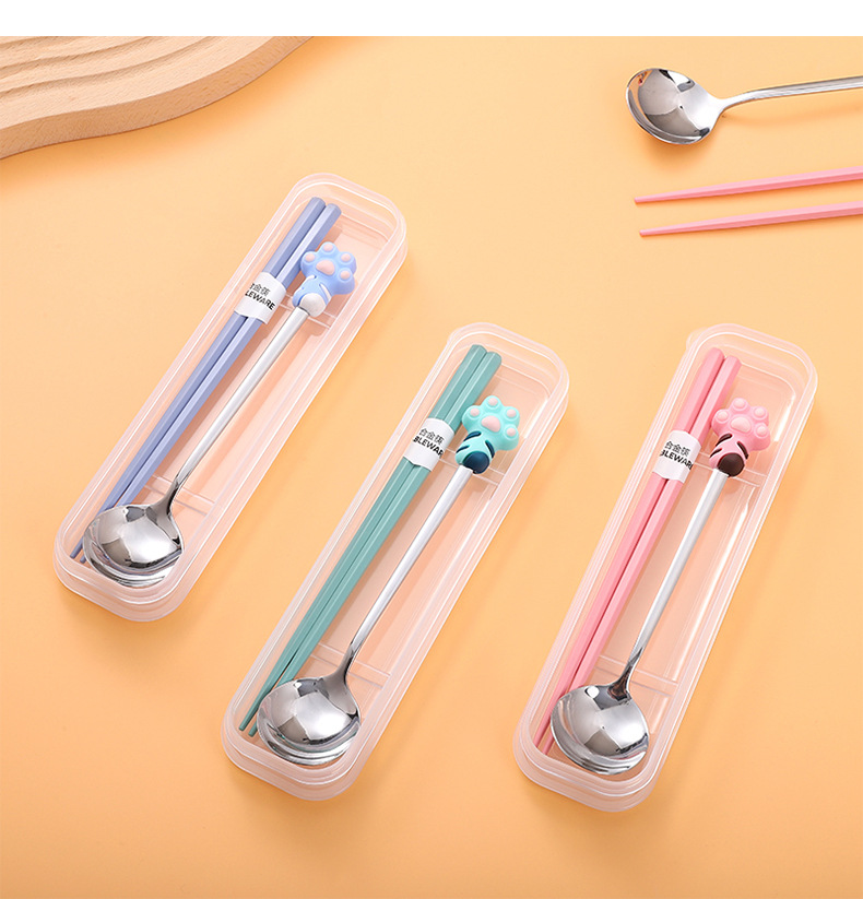 Cartoon boxing cute claw spoon and chopsticks two-piece set, adorable and girlish stainless steel spoon and alloy chopsticks tableware set pic 7