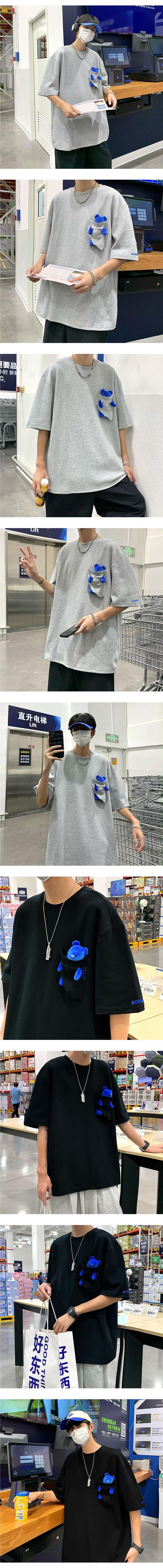 同款夏季设计感口袋小熊短袖上衣服男韩版ulzzang潮牌高街圆领五详情2