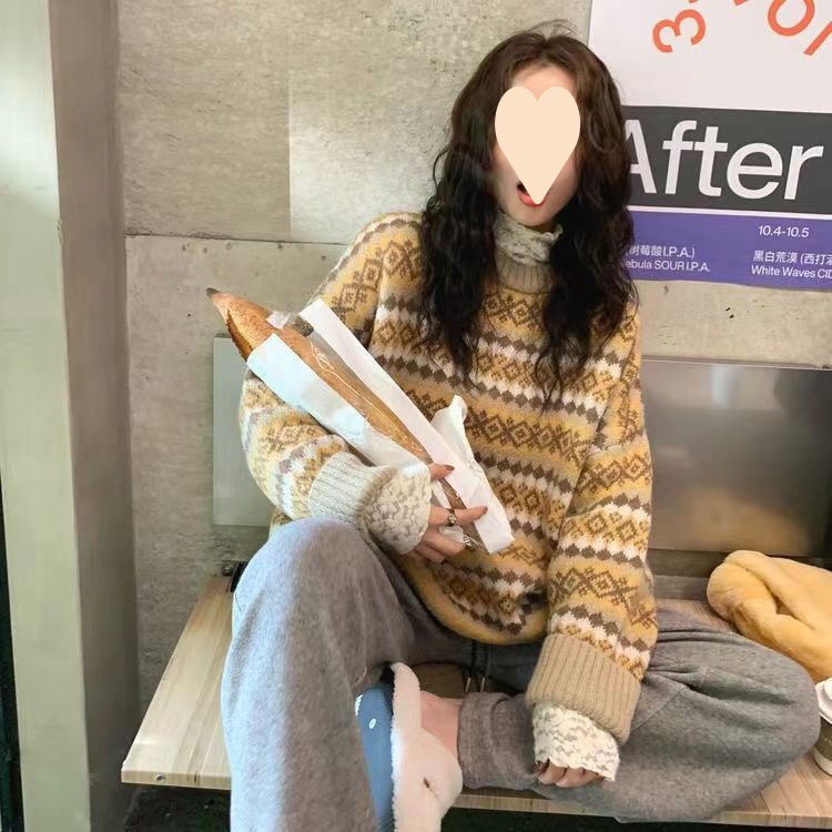 2023秋冬新款韩版宽松菱格毛衣女设计感小众针织衫复古休闲慵懒风详情13