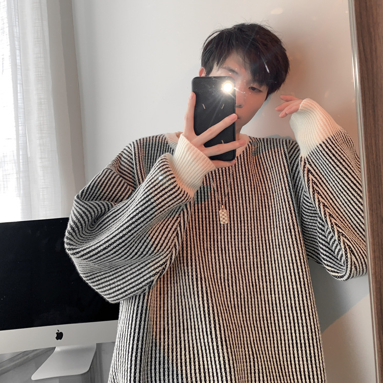 圆领条纹毛衣男款秋冬新款时尚套头针织衫日系复古宽松百搭上衣服详情22