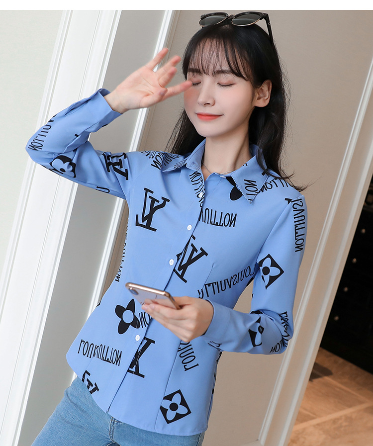 New spring and autumn Korean-style slim-fit shirt for women, long-sleeved printed striped trendy base layer, Hong Kong-style top for women pic 23