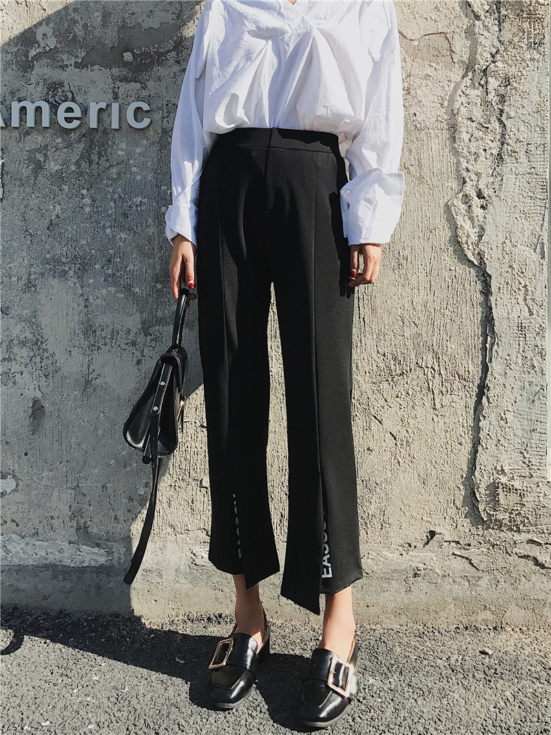High-waisted, letter-printed black, slightly flared, fashionable, slit straight 9-inch casual pants pic 1