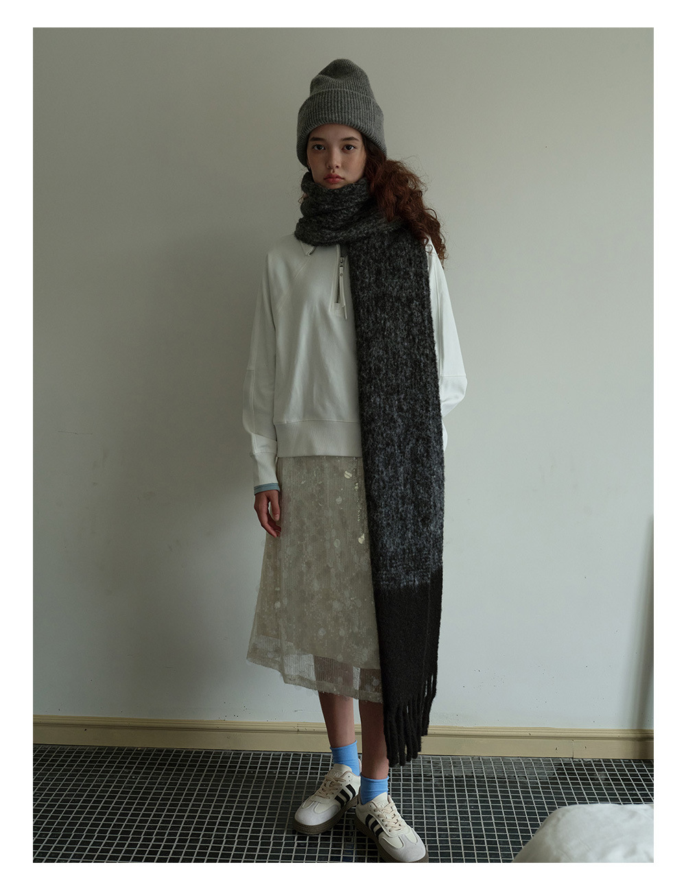 设计师款40羊毛混纺中性拼色围巾女冬季bai搭黑灰色韩版毛线围脖详情4