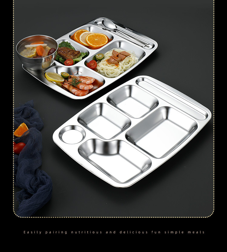 304 stainless steel fast food plates, divided into compartments, food-grade, school cafeteria plates, student meal plates, stainless steel plates pic 18
