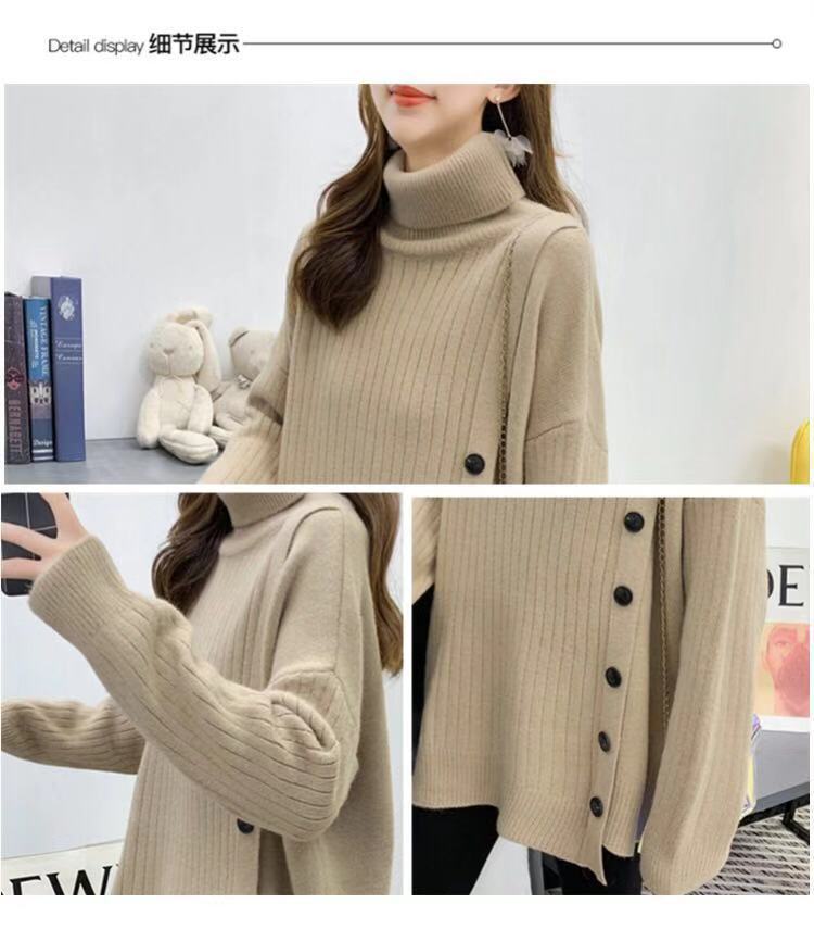 A new Korean style high-neck sweater for women in the autumn and winter of 2023, a loose and laid-back mid-length irregular knitted top pic 1