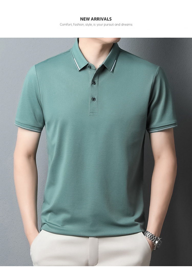 纯色桑蚕丝男士短袖t恤外贸夏季2023新款潮流高级感男装翻领上衣详情21