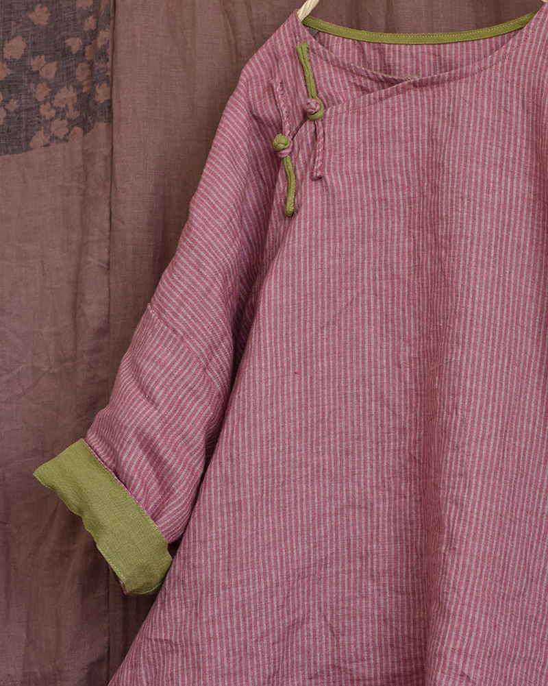 Hyacinth/Original striped contrasting color diagonal lapel hand-sewn button-up retro loose robe patchwork mid-length dress pic 9