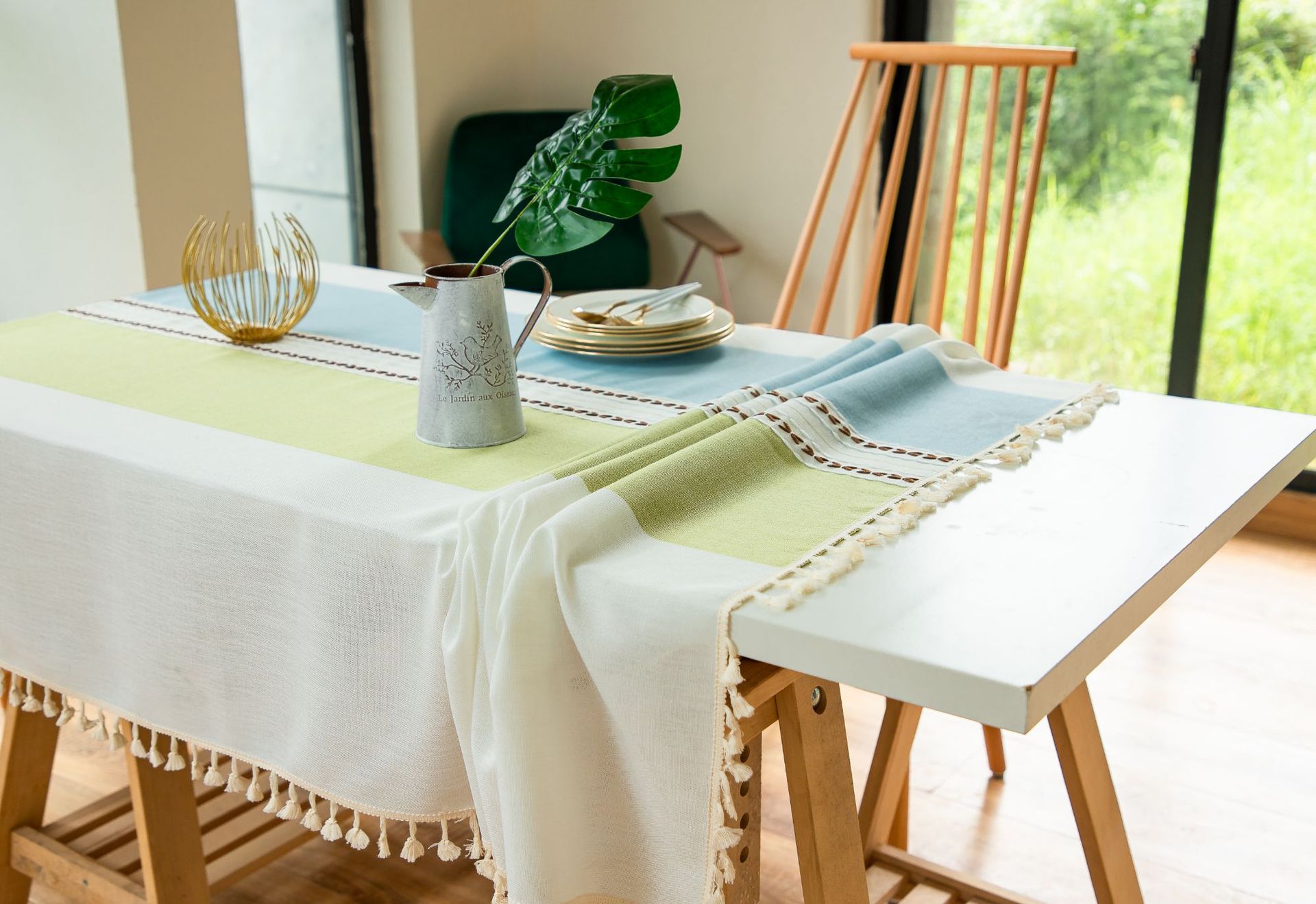 Cross-border Japanese color-blocking and color-blocking embroidered tassel tablecloths, kitchen, dining room, party, family table cover decoration, cotton and linen pic 30
