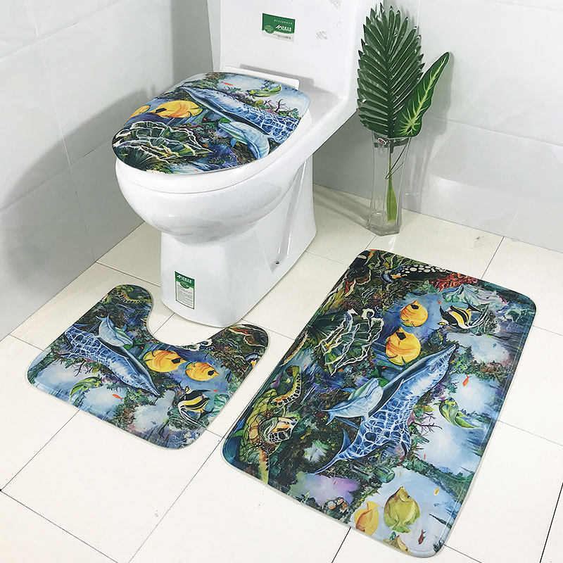 跨境海底世界马桶垫三件套海豚地垫3件套防滑吸水浴室垫wish爆款详情9