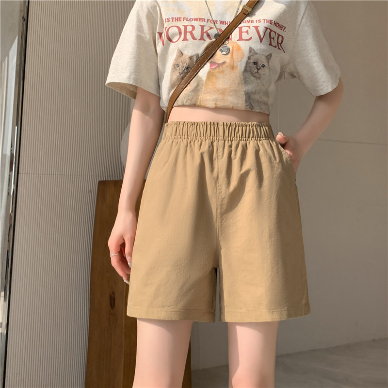 松紧高腰阔腿裤春夏日系百搭宽松显瘦休闲卡其色水洗棉短裤女夏季详情5