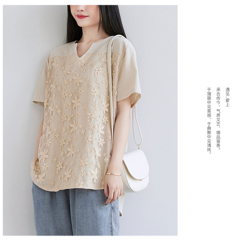 2022夏季新款速卖通欧美女装蕾丝刺绣短袖衬衫宽松女士上衣T恤详情32
