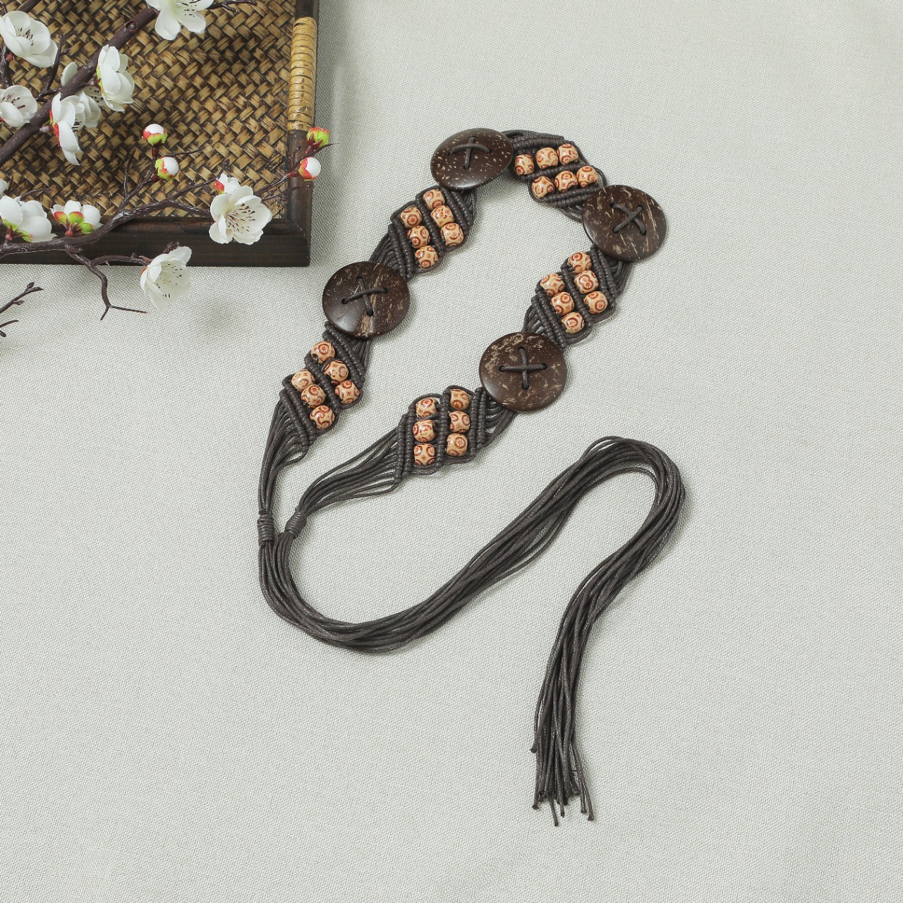 波西米亚风腰带 复古蜡绳编织女 腰带 民族风椰壳流苏腰绳腰链详情6