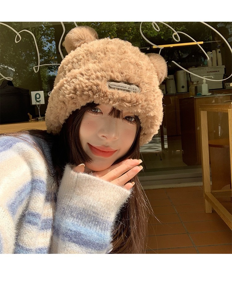 韩系可爱小熊毛绒针织帽子女秋冬季加厚保暖包头帽仿皮草套头盆帽详情5