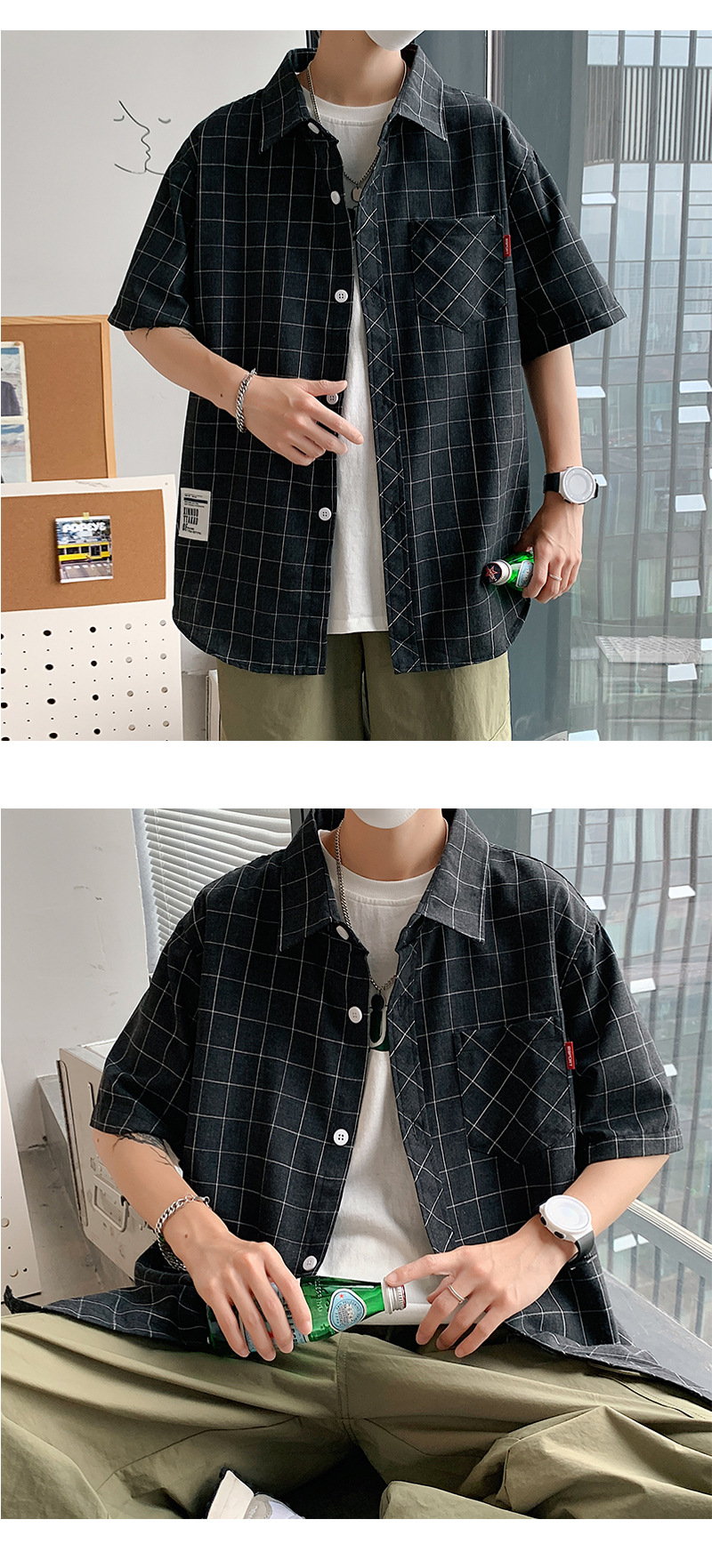 G51（港风）格子衬衫男短袖夏季男士休闲潮流帅气衬衣详情6