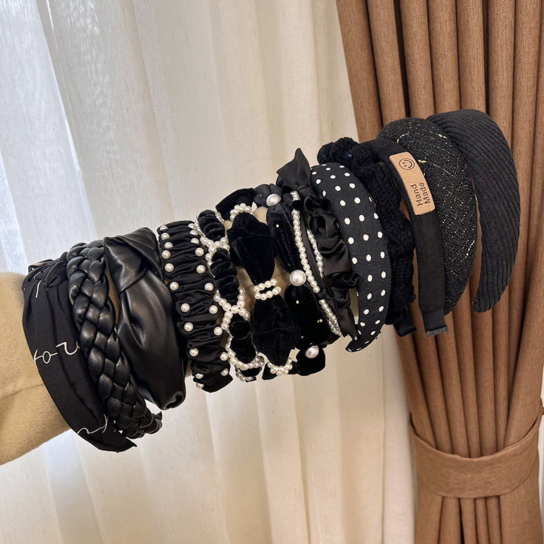 French elegant black hairband, sweet pearl braided hairpin, knitted height-increasing headband, wide-edge hairpin for women pic 5