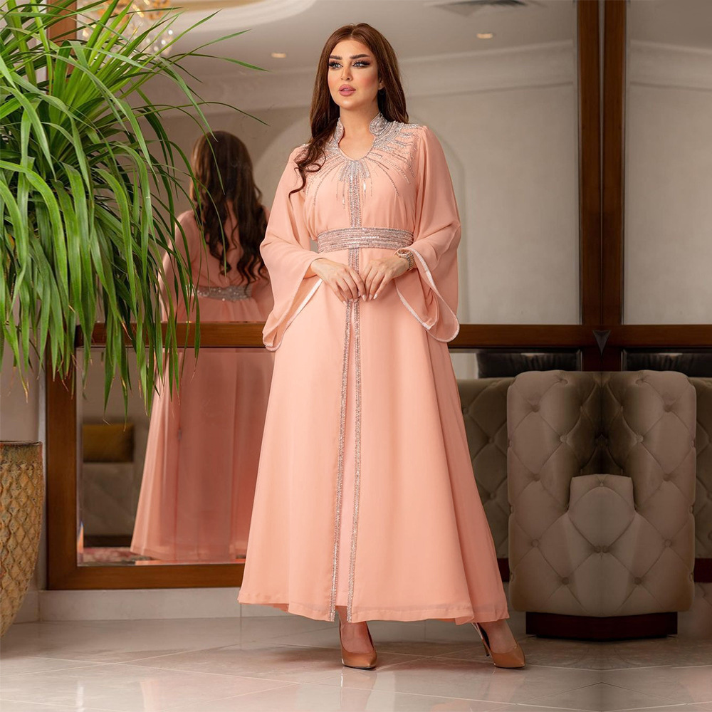 XQY500090 Foreign trade Arab robe, Middle East kaftan fashion Hot diamond belted chiffon dress pic 4