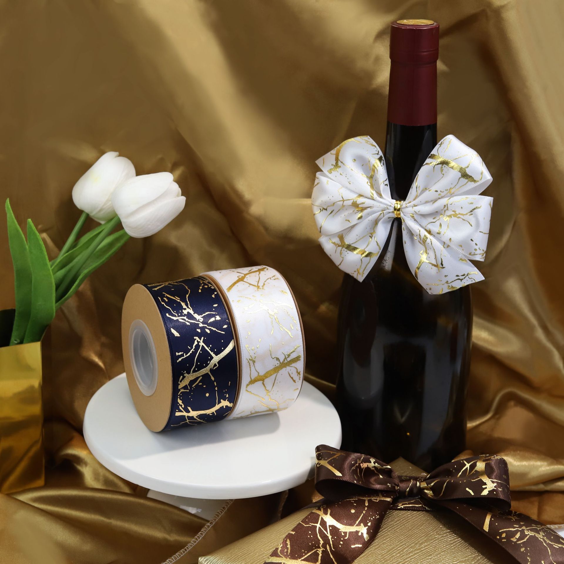 Lu De 2.5CM webbing with gilding, irregular pattern logo, white ribbon gilding, cake gift box, bow pic 19