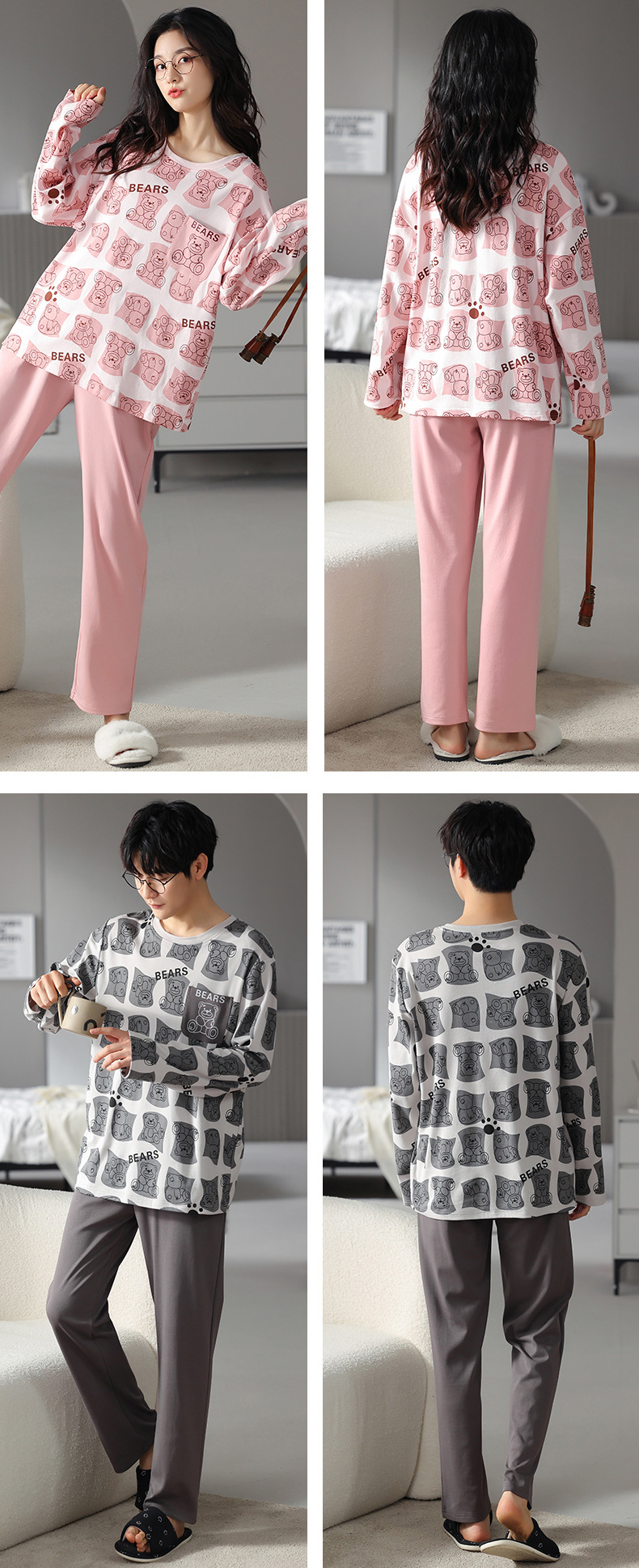 品牌情侣睡衣女长袖纯棉冬季新款韩版男士大码秋冬全棉家居服套装详情5