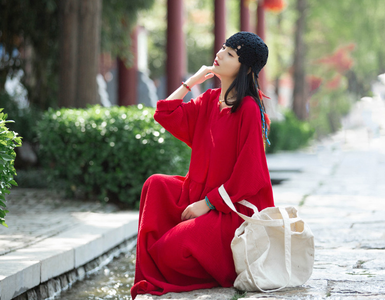 Spring and summer V-neck textured natural linen loose robe, double-layer large hem elegant long dress, retro fairy dress pic 19