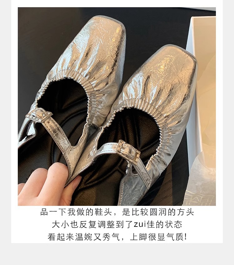 羊皮版葡萄妈同款法式银色方头芭蕾鞋女包头半拖鞋夏外穿粗跟凉拖详情13