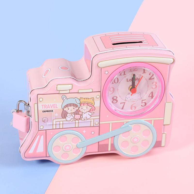 S-91 Cartoon train piggy Bank with lock, multi-functional desktop decoration, time display piggy bank, Little Pig Kuromi style hot search pic 19