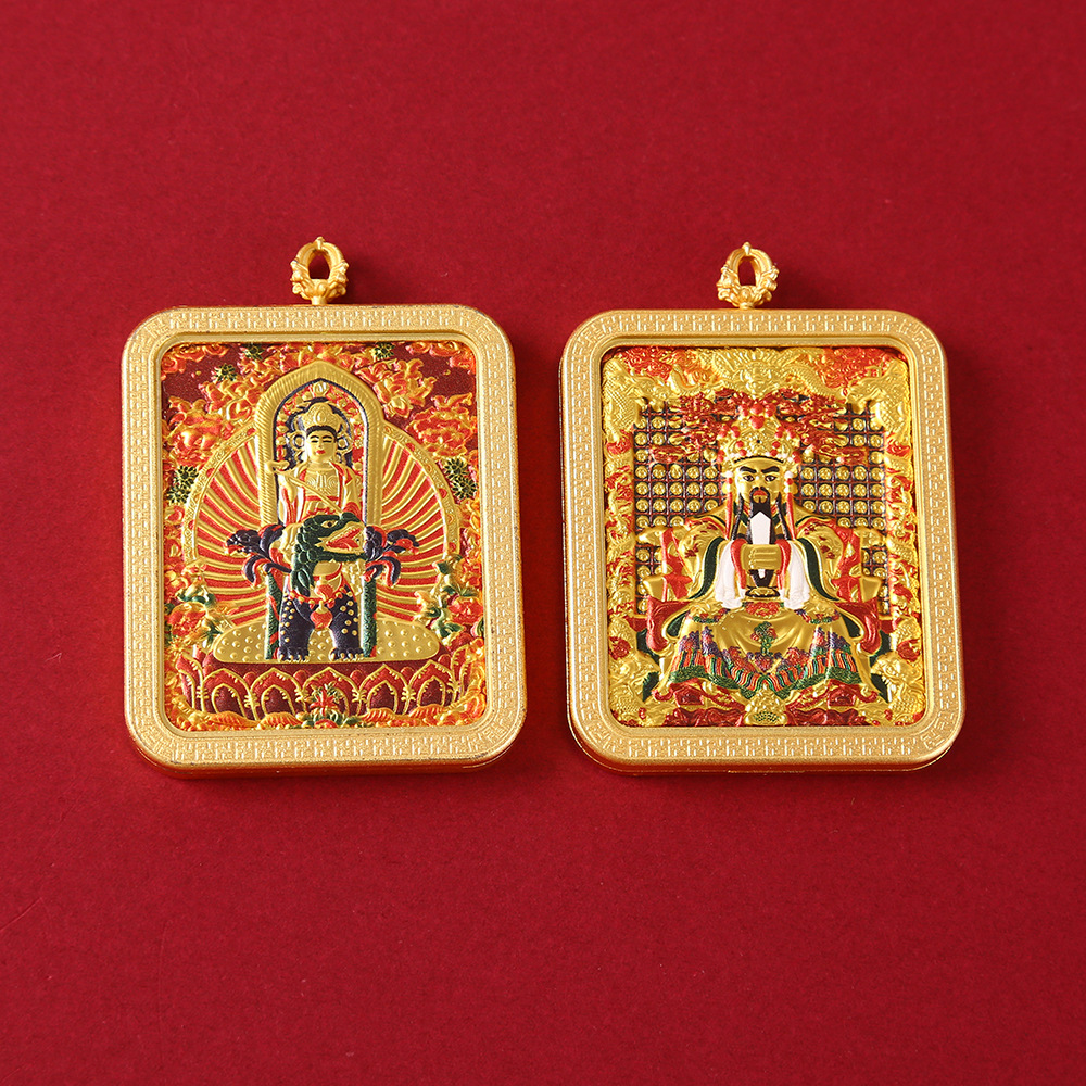 单面藏式浮雕合金唐卡文殊普贤本命佛随身佛牌黄财神吊坠详情9