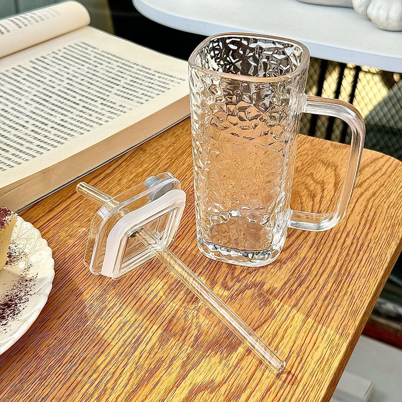 透明带把手玻璃水杯 高颜值夏季果汁杯条纹带盖吸管杯子方玻璃杯详情8