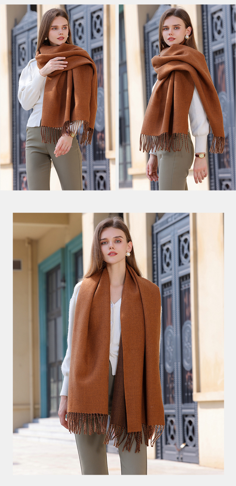 The 2023 new double-sided solid color macaron scarf for women is a bestseller in winter. It is fashionable and warm with faux cashmere tassels. Wholesale pic 31