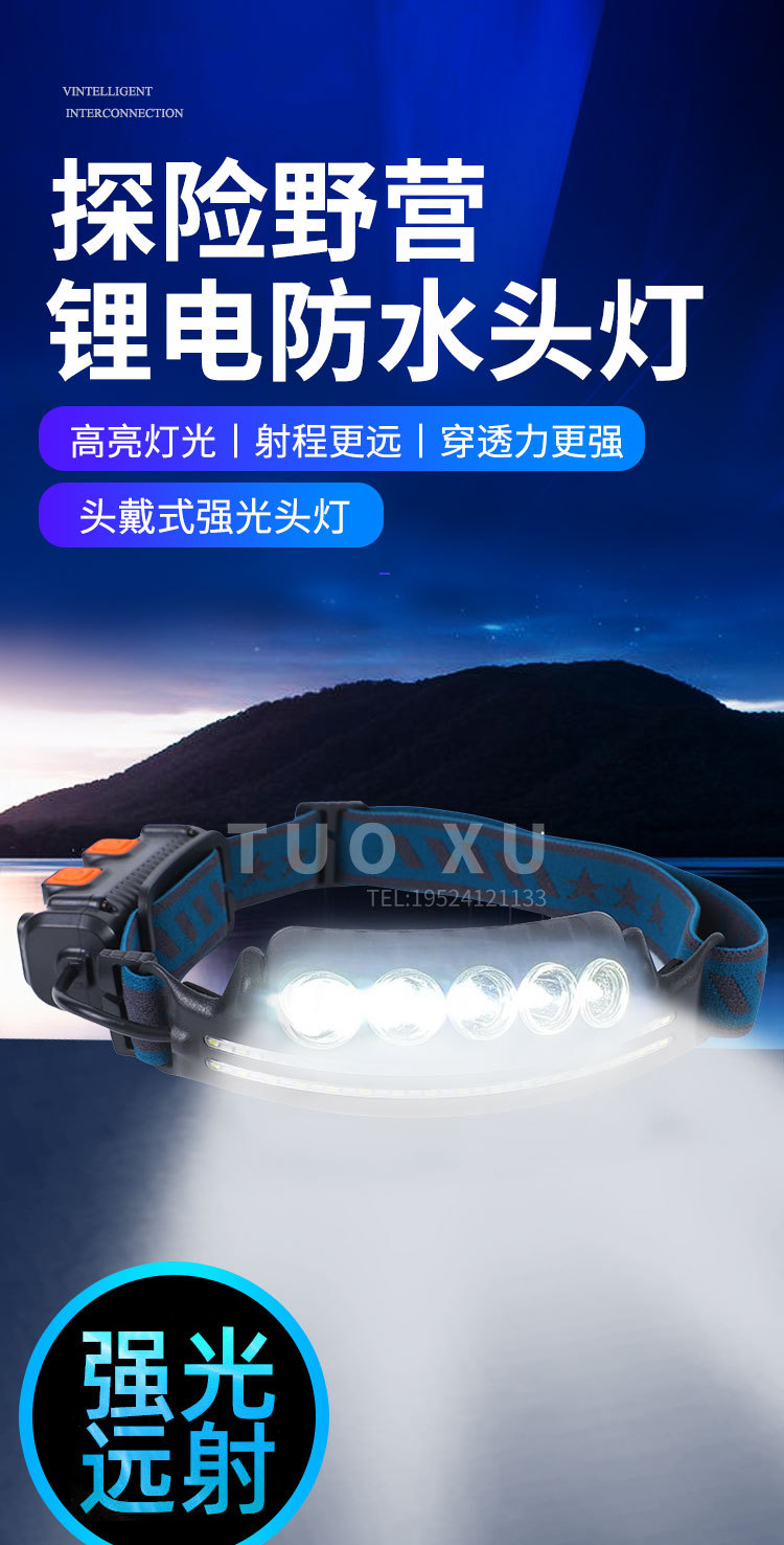 Headlamp strong light charging ultra-bright head-mounted flashlight, night fishing special sensor floodlight cob headband led lighting lamp pic 2