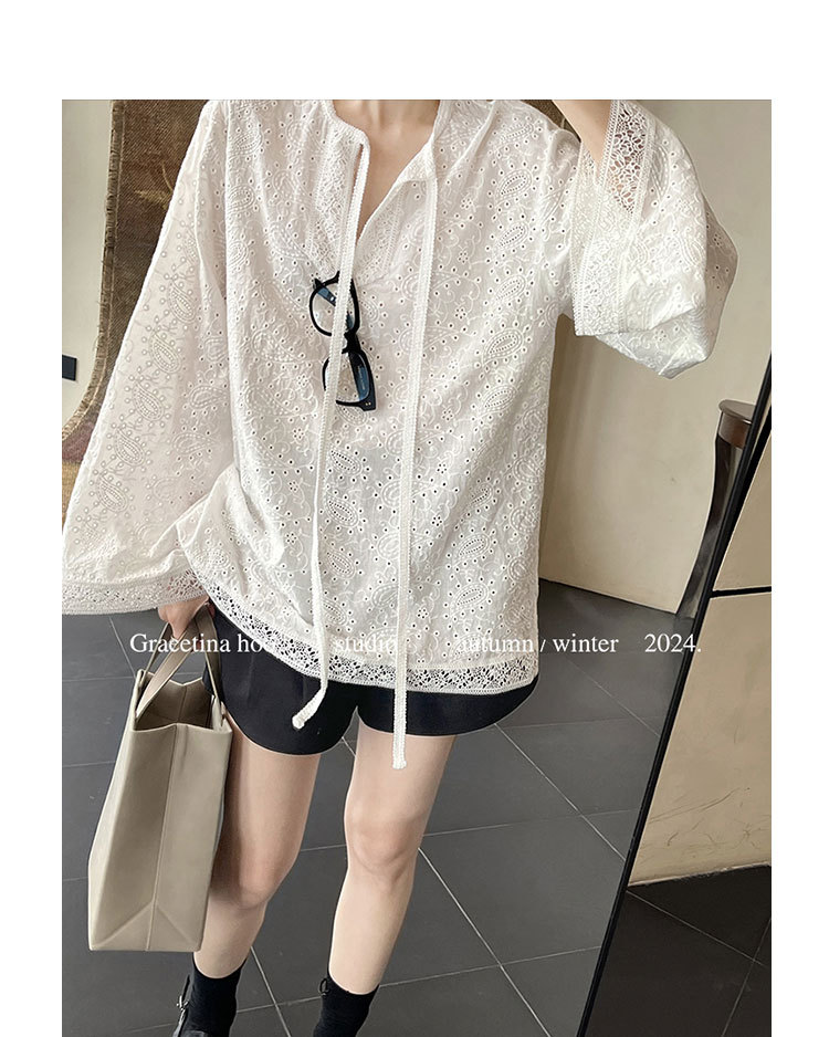 The First batch of 13 Factories 2024 early autumn new Korean version pure cotton embroidered lace V-neck slimming pullover sun-protective shirt for women pic 10