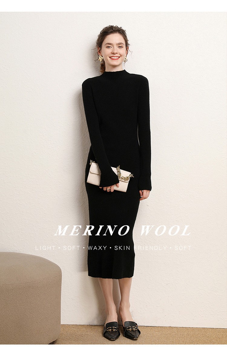 Early autumn semi-high-neck wool dress for women, mid-length sweater, knee-length cashmere knitted body-hugging skirt, long skirt as a base layer pic 31