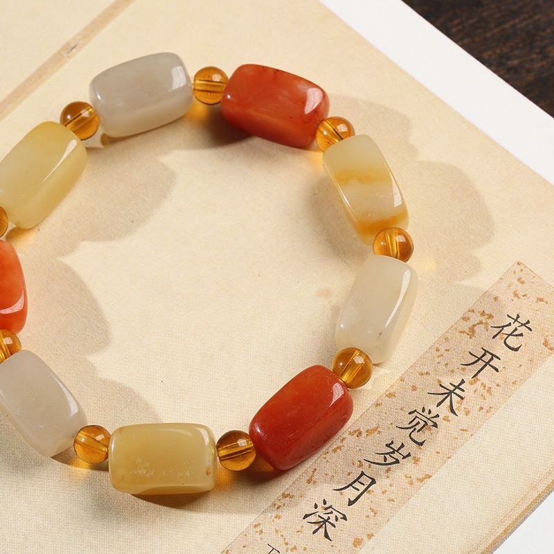 Natural Xinjiang golden silk jade square long bone bead bracelet, handcrafted jade Yadan Gobi colorful jade bracelet, ethnic style pic 9