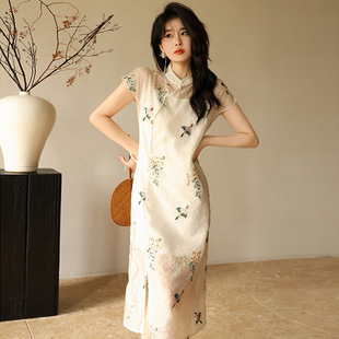 New Chinese-style summer white dress for women, long dress with texture, improved traditional Chinese style, cheongsam, lace and three-dimensional embroidery pic 1