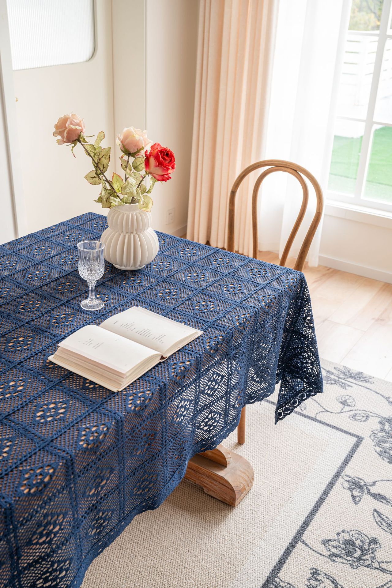 Cross-border hollowed-out hidden deep blue tablecloth, retro crochet photo art book, personalized cotton thread woven tablecloth cover pic 23